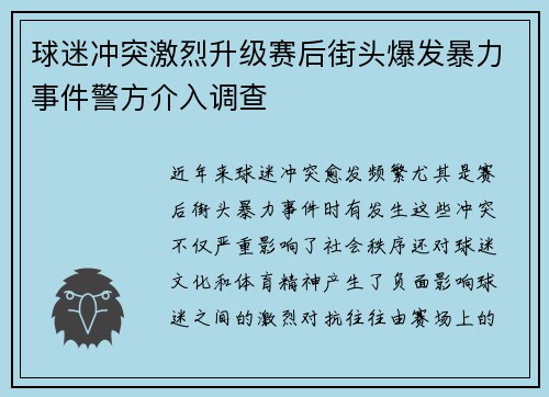 球迷冲突激烈升级赛后街头爆发暴力事件警方介入调查 球迷冲突激烈升级赛后街头爆发暴力事件警方介入调查