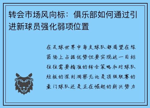 转会市场风向标:俱乐部如何通过引进新球员强化弱项位置 转会市场风向标:俱乐部如何通过引进新球员强化弱项位置